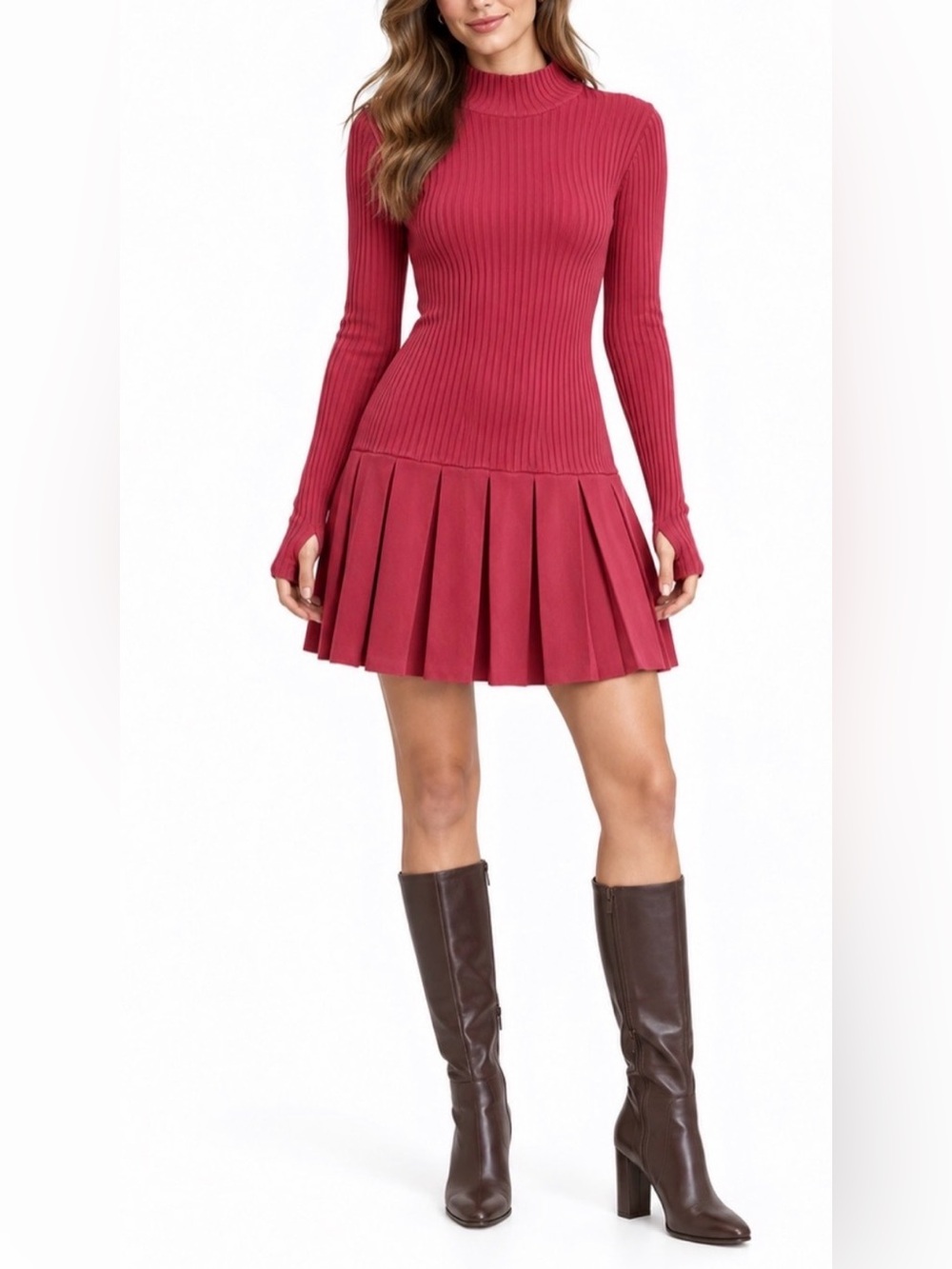 Free People Ribbed Long-Sleeve Pleated Emmy Mini Dress in Berry Red